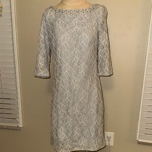 J Howard Lace Long Sleeve Dress in Gray with diamond collar  detail